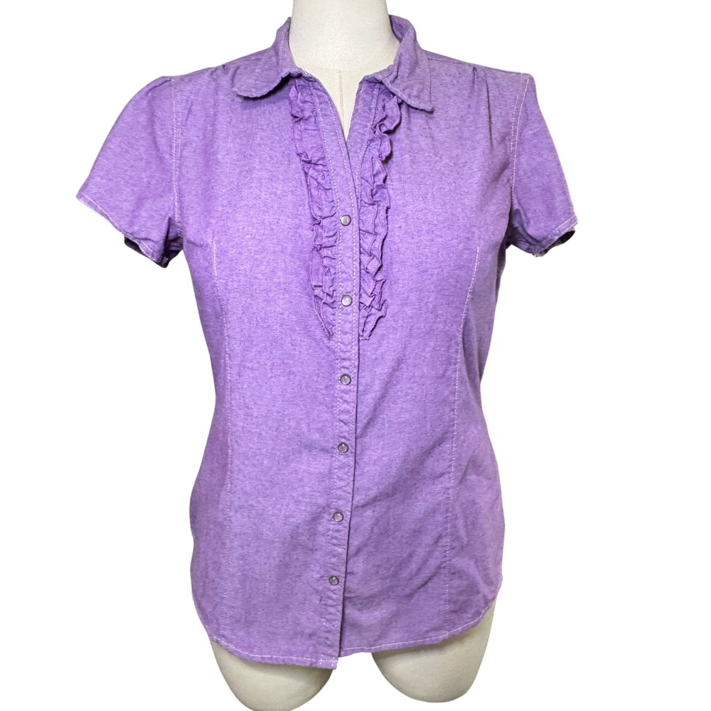 Bit & Bridle Womens Purple Ruffle Snap Front Western Short Sleeve Shirt Large